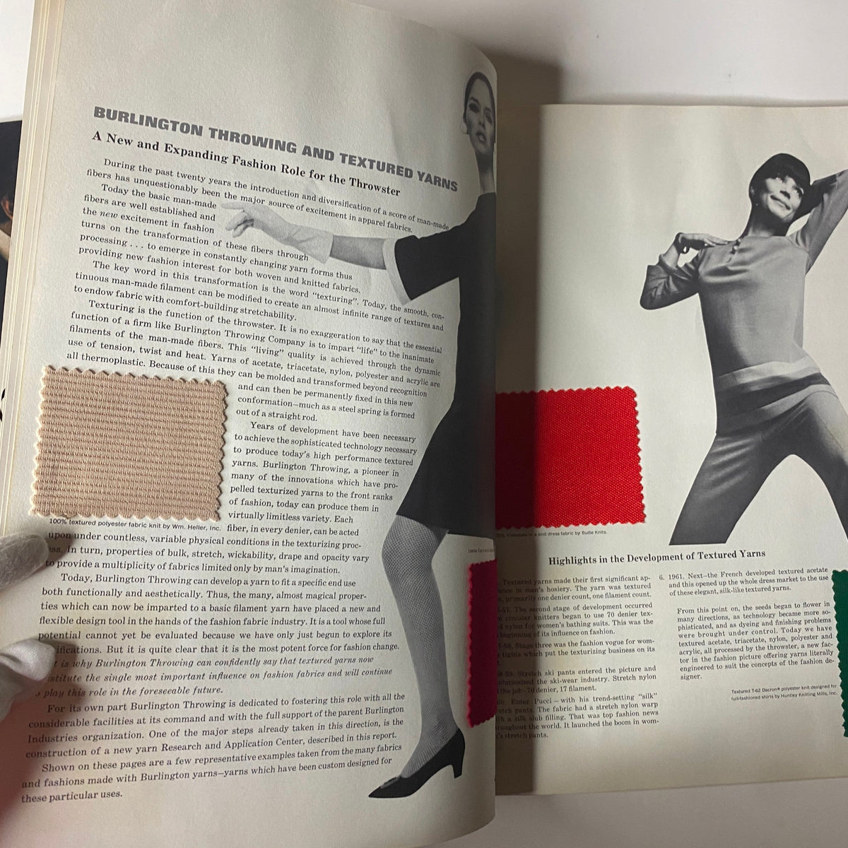 1966 American Fabrics No. 66 Summer Catalog image highlighting Burlington Throwing and Textured Yarns with a model showcasing fashionable textured garments and fabric swatches.