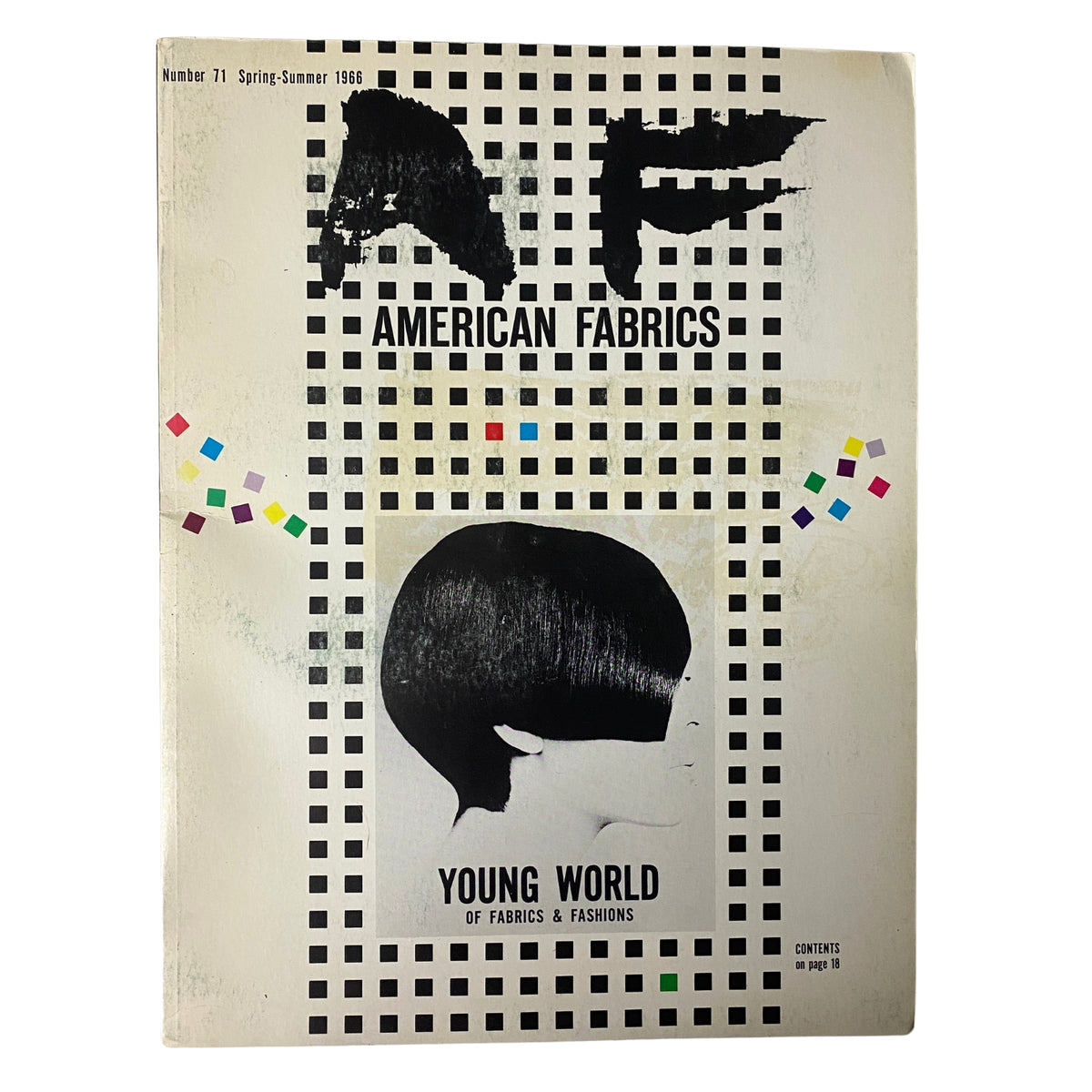 Cover of the 1966 American Fabrics No. 71 Spring Catalog featuring a bold graphic design and the title 'Young World of Fabrics & Fashions'.
