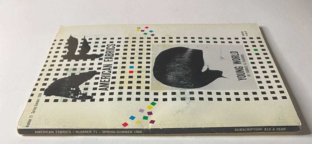 Another angle of the cover of the 1966 American Fabrics No. 71 Spring Catalog showcasing the distinctive design and title 'Young World of Fabrics & Fashions'.