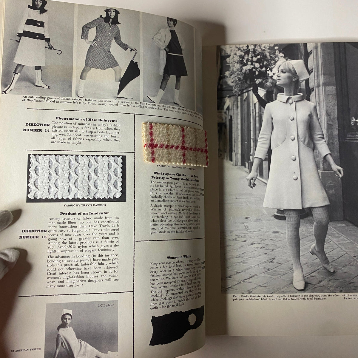 Another interior page of the 1966 American Fabrics No. 71 Spring Catalog displaying fabric samples and discussing the innovation in fashion materials.