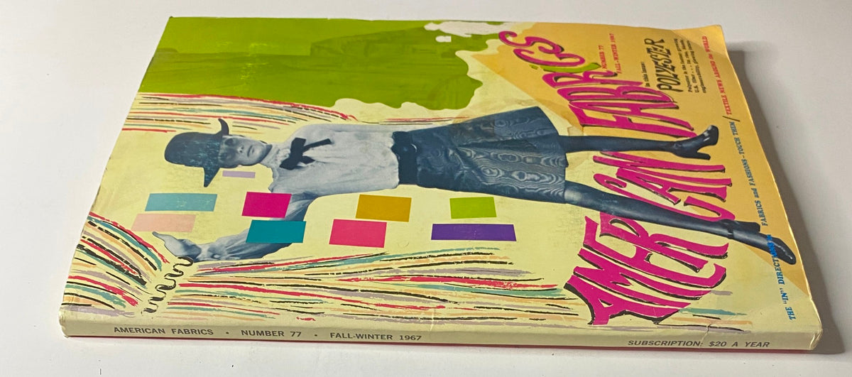 1967 American Fabrics No. 77 Fall-Winter Catalog cover featuring vibrant colors and fashion elements highlights polyester and textile innovations.