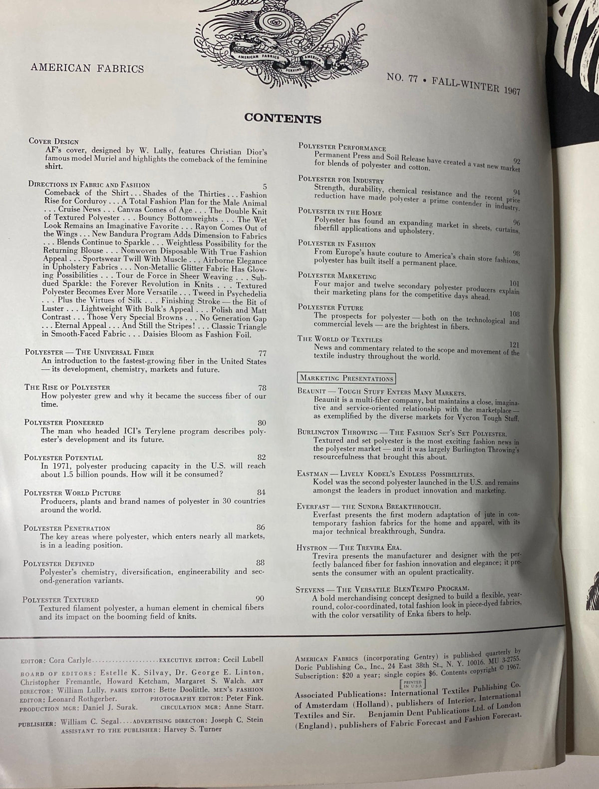 Contents page from the 1967 American Fabrics No. 77 Fall-Winter Catalog outlining key topics on polyester advancements and fabric trends.