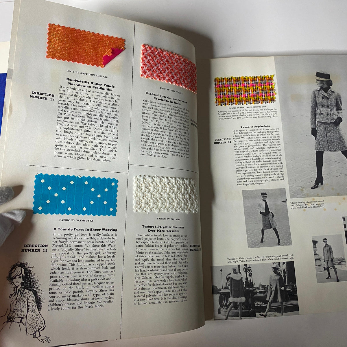 Page featuring colorful fabric samples and designs from the 1967 American Fabrics No. 77 Fall-Winter Catalog discussing advancements in polyester textiles.