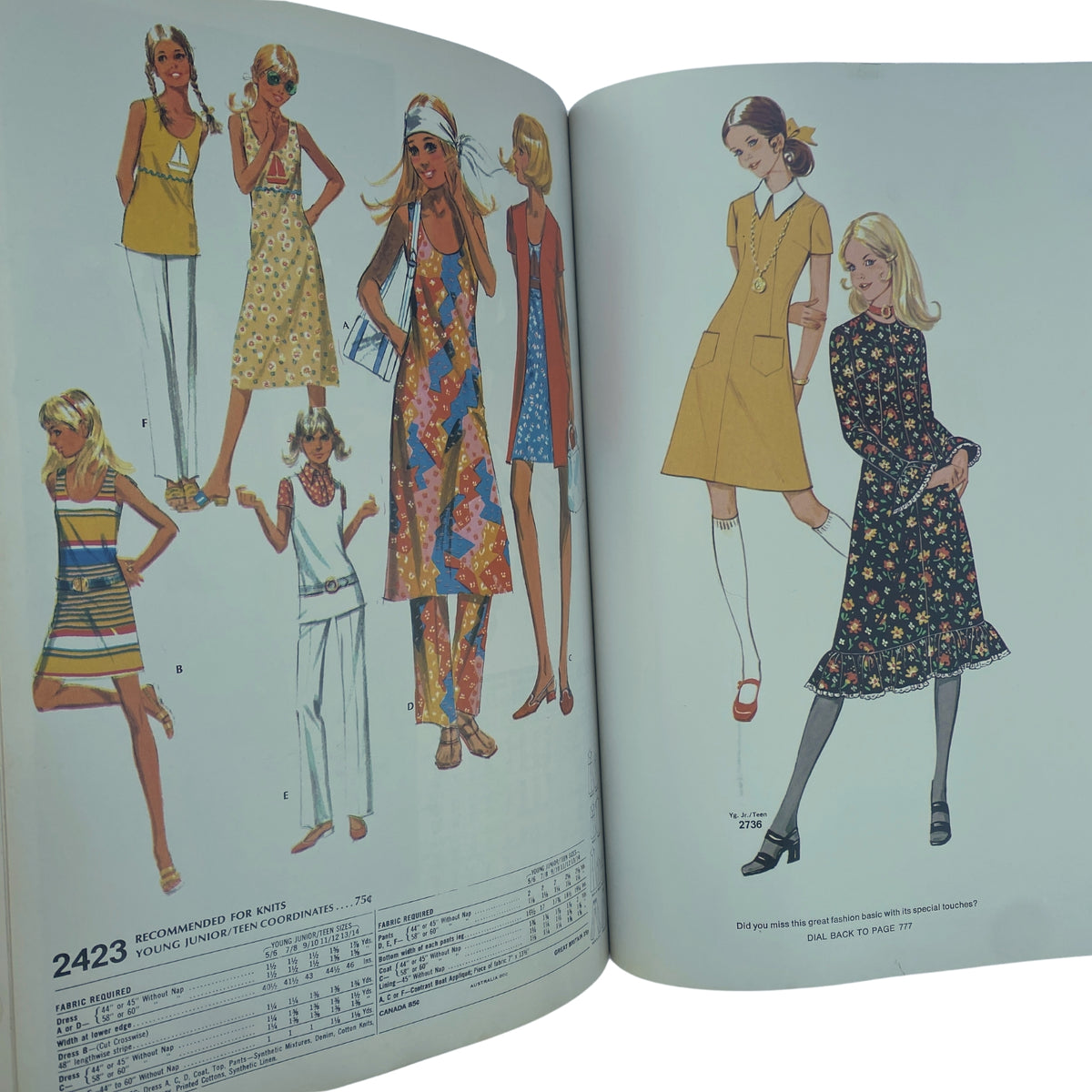 Young junior and teen fashion designs in the 1971 March McCall's Catalog, featuring stylish dresses and playful outfits from the 1970s.