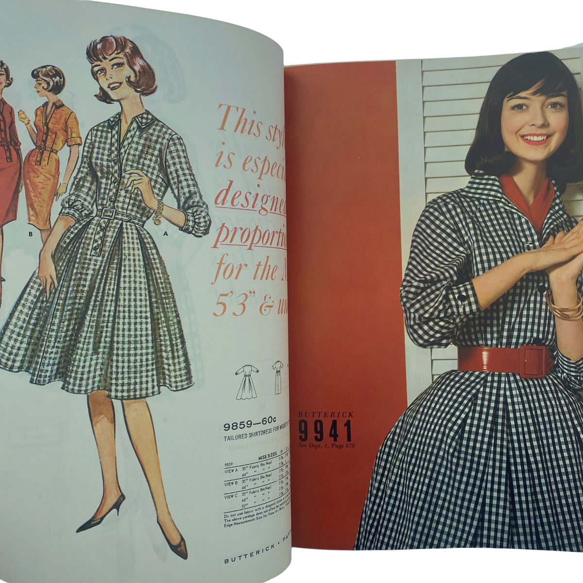 Colorful illustration and photograph from the 1961 December Butterick Holiday Catalog presenting tailored dress patterns suitable for petite sizes, emphasizing classic fashion styles.