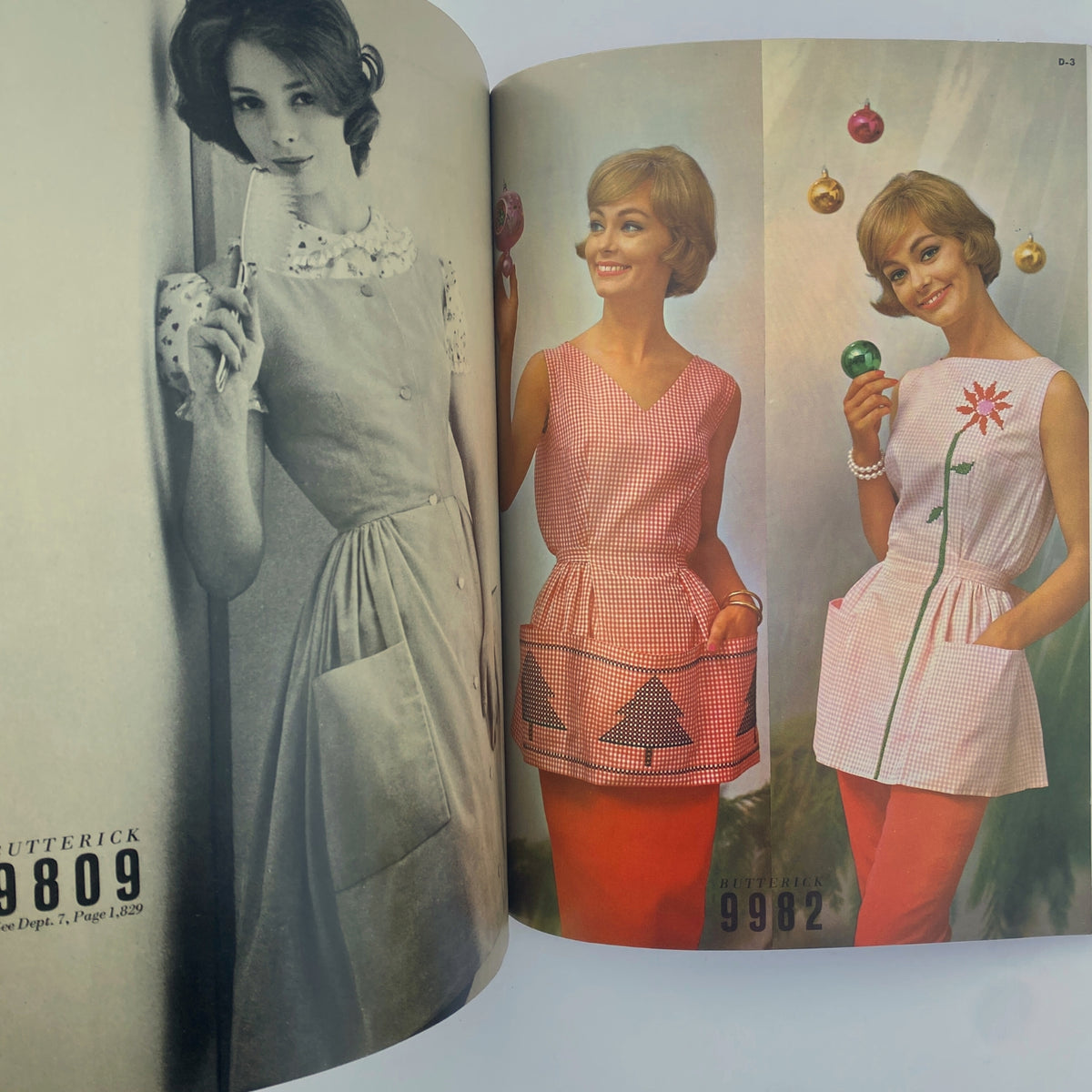 1961 December Butterick Holiday Catalog displaying vintage sewing patterns for kitchen and casual outfits, showcasing elegant aprons and dresses.