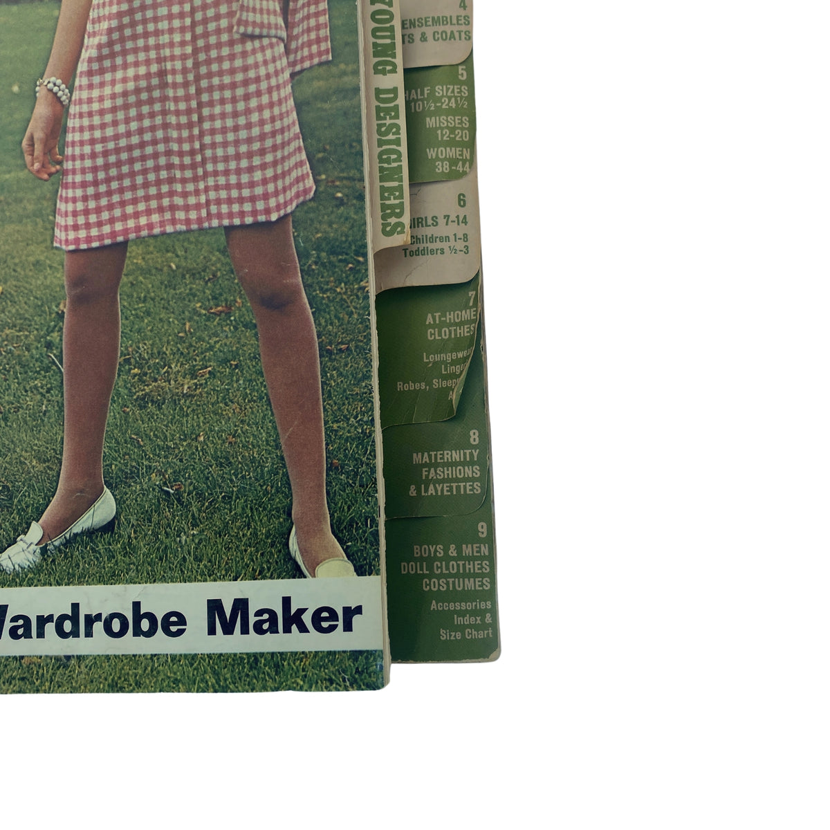 Detailed view of the 1968 April Butterick Catalog spine, presenting sections for various fashion styles including juniors and sportswear.
