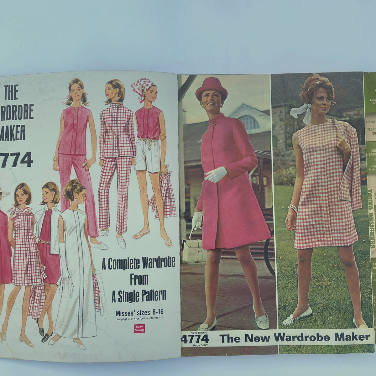 Inside spread of the 1968 April Butterick Catalog featuring multiple models in coordinated outfits, including a pink coat, showcasing a complete wardrobe from pattern 4774.