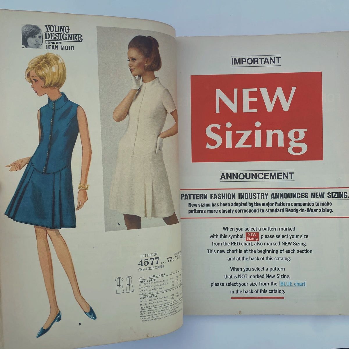 1968 April Butterick Catalog page announcing 'New Sizing' featuring two elegant dress designs by young designer Jean Muir, highlighting changes in pattern sizing for the fashion industry.