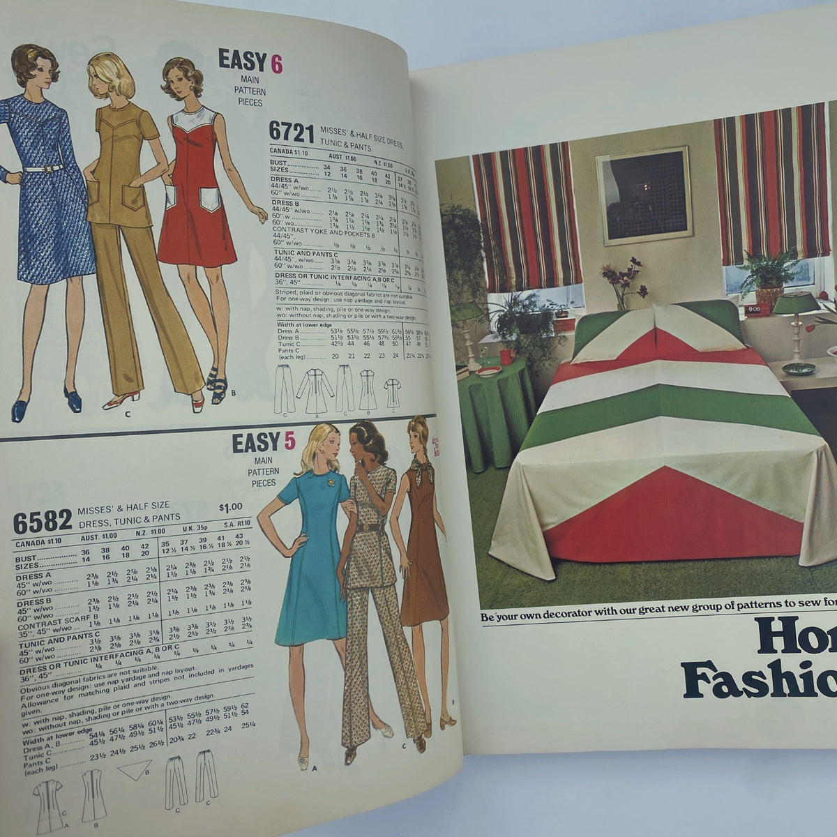 1973 May Butterick Catalog displaying sewing patterns for women’s clothing, including dresses, tunics, and pants, against a backdrop of vibrant home decor.