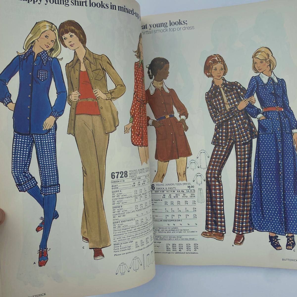 1973 May Butterick Catalog presenting young women's clothing patterns, including dresses and pants with a playful 70s style, emphasizing colorful prints.