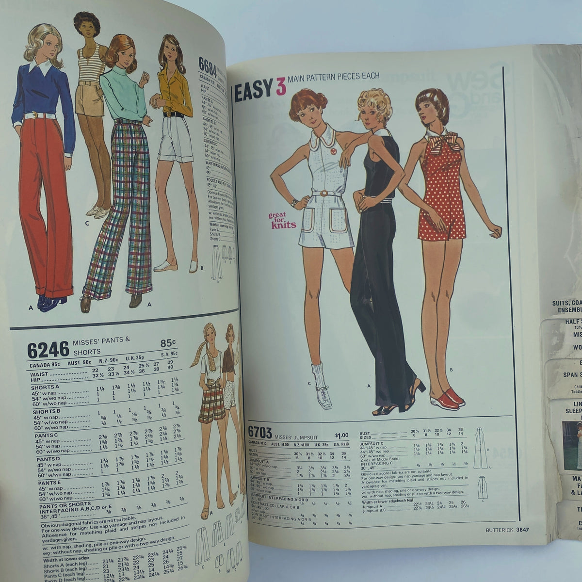 1973 May Butterick Catalog featuring sewing patterns for miss dresses, pants, and shorts. Showcasing vibrant 1970s fashion styles including wide-leg pants and classic blouses.