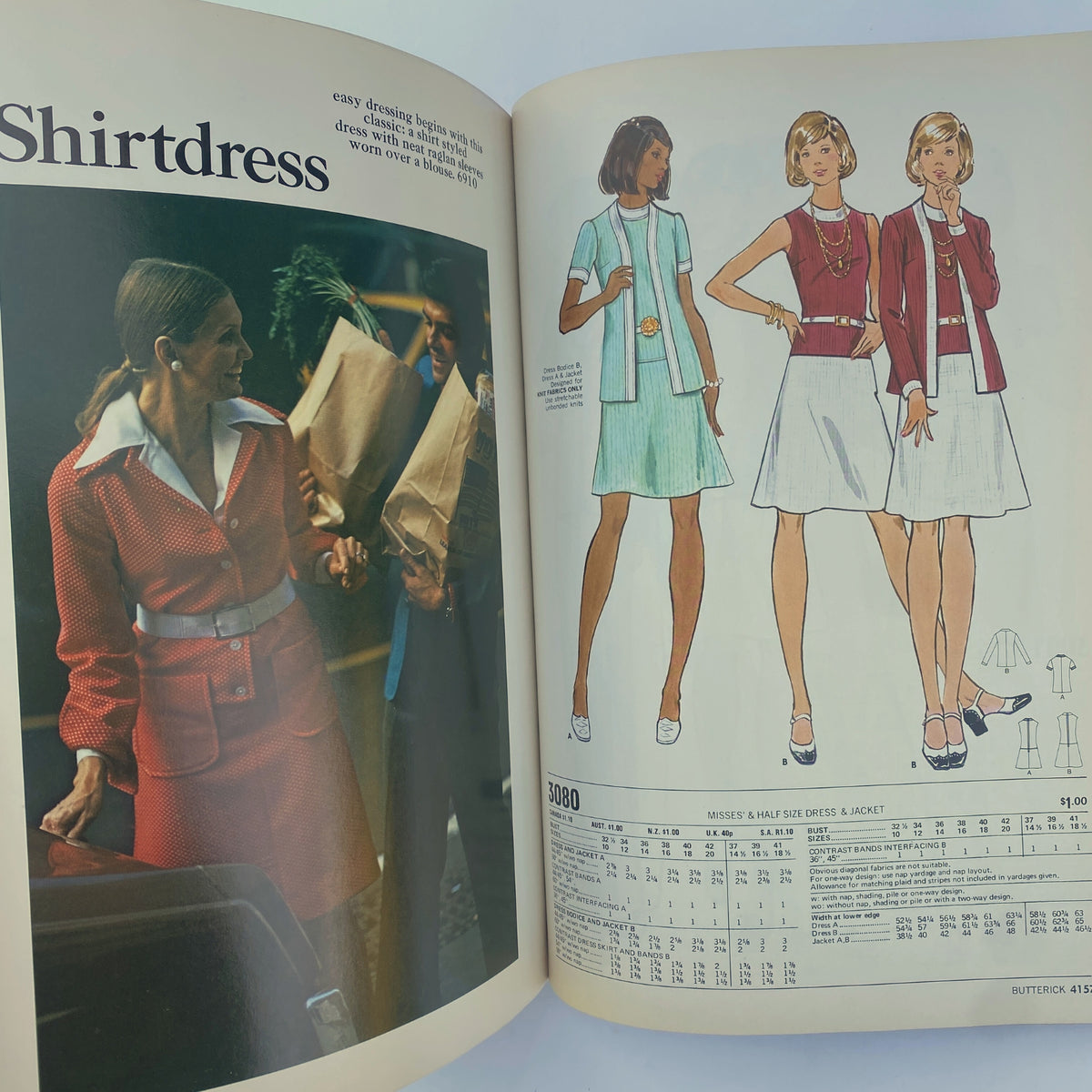 1973 May Butterick Catalog displaying a chic shirt dress pattern next to a stylish woman. Capturing the essence of early '70s fashion with elegant designs for dresses.