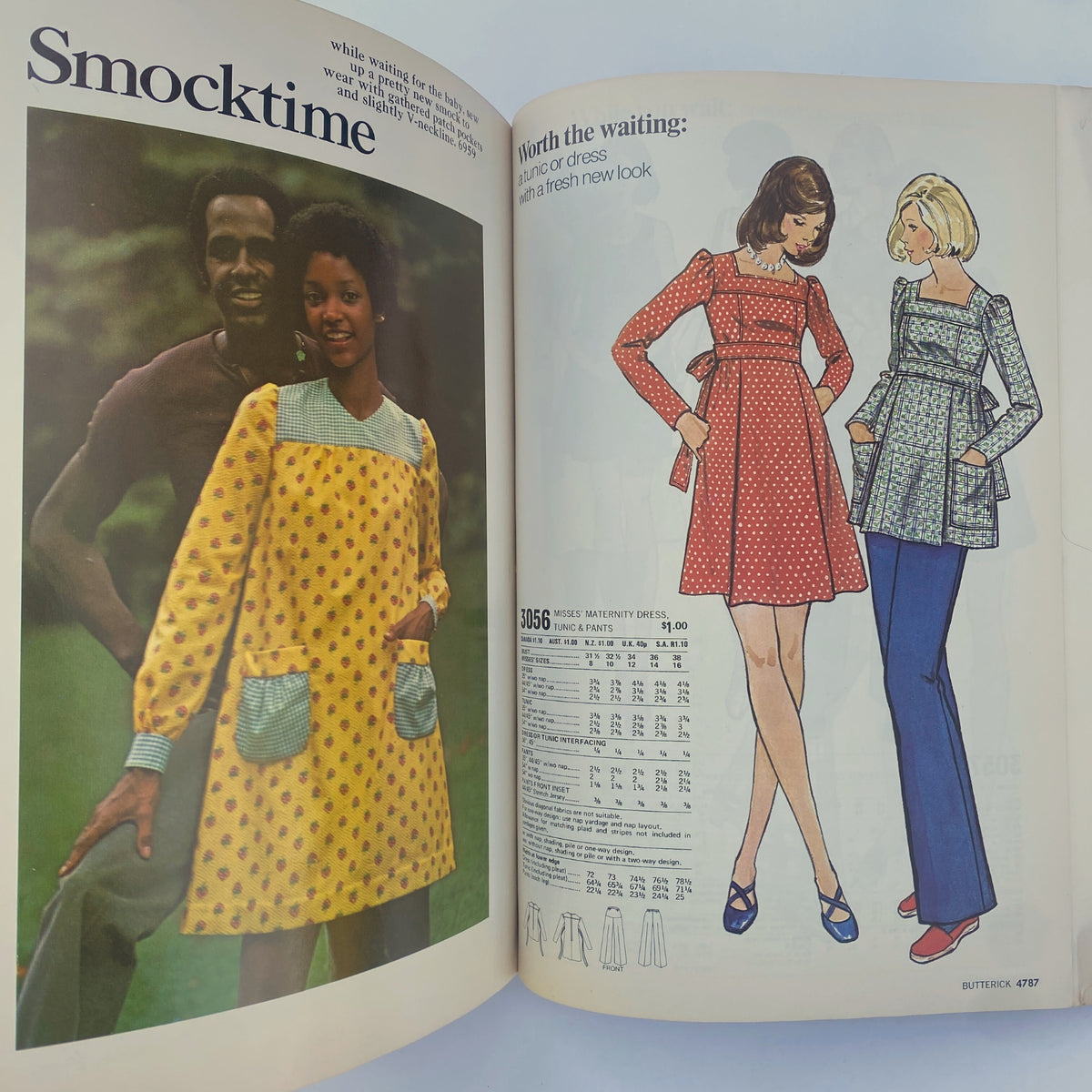 1973 May Butterick Catalog page featuring a smock dress pattern alongside a couple enjoying a moment outdoors. Highlighting playful 1970s fashion.