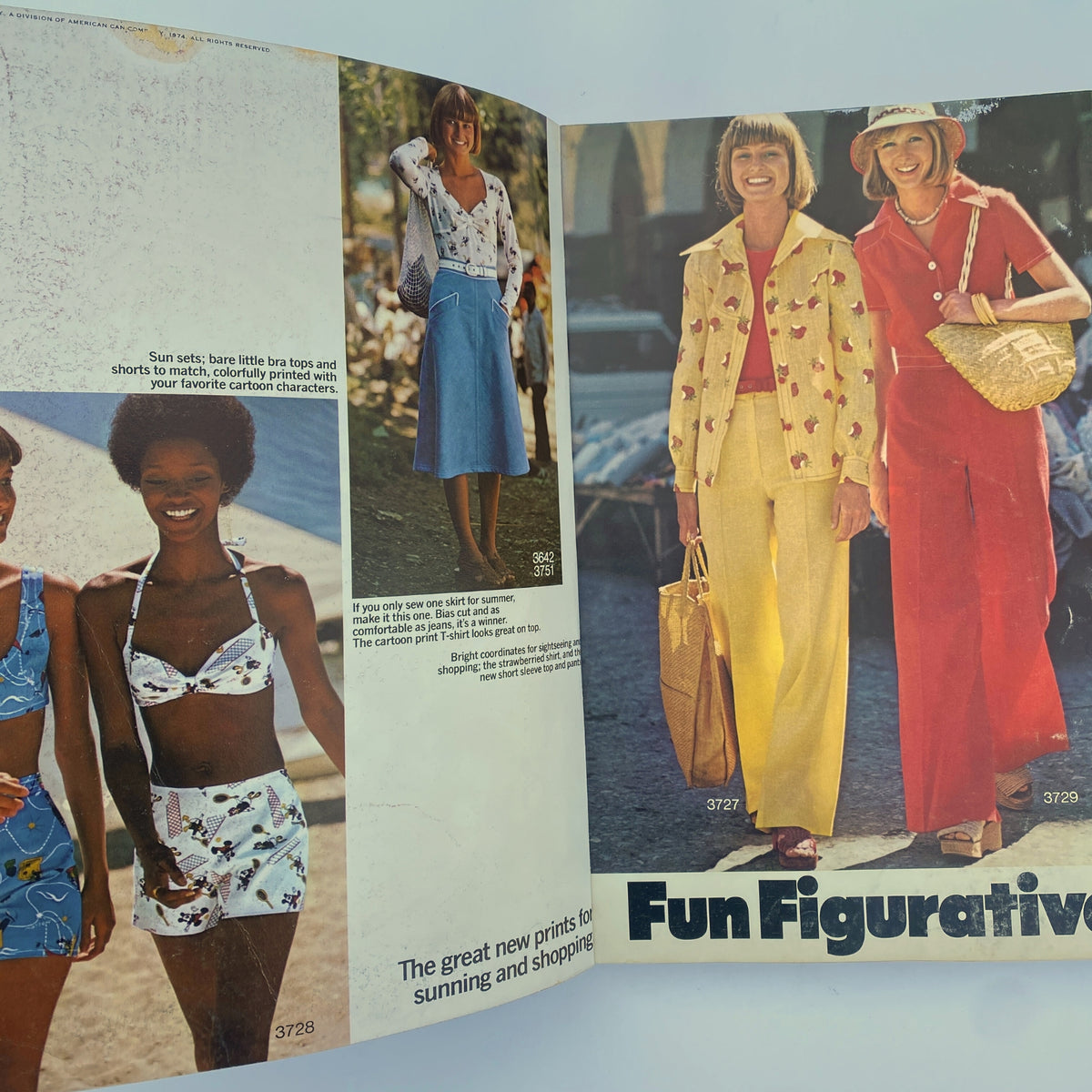 Interior page of the 1974 August Butterick Catalog featuring fashionable swimwear, skirts, and casual apparel on diverse models, highlighting summer styles.