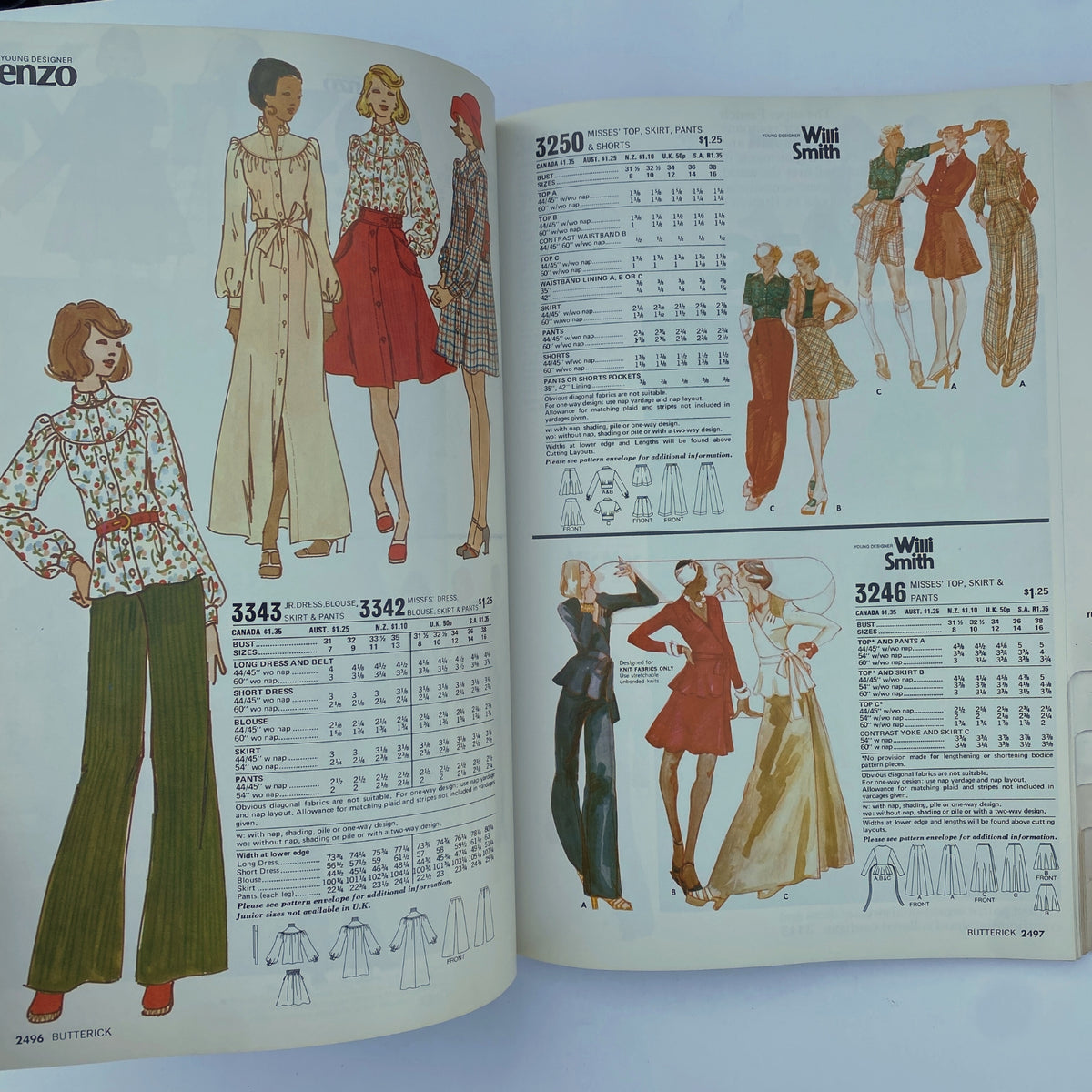 1974 August Butterick Catalog illustrating fashionable dresses and separates, including blouses and skirts, with design patterns from renowned designer Will Smith.