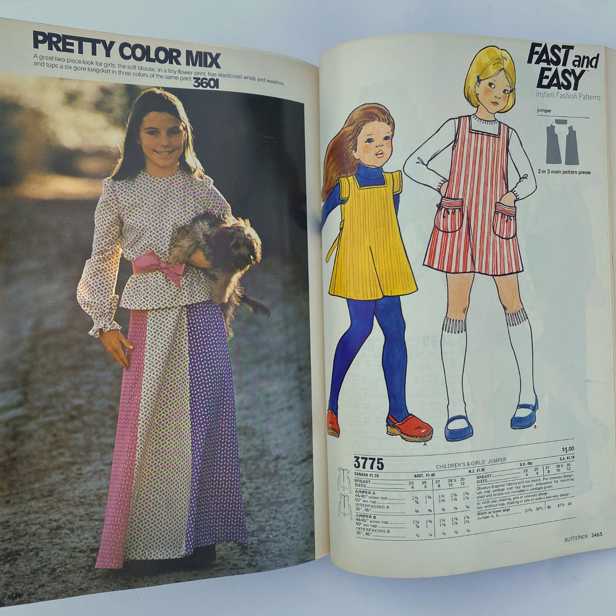 1974 August Butterick Catalog presenting a colorful children’s two-piece outfit options and jumpers, emphasizing easy-to-sew styles for young girls.
