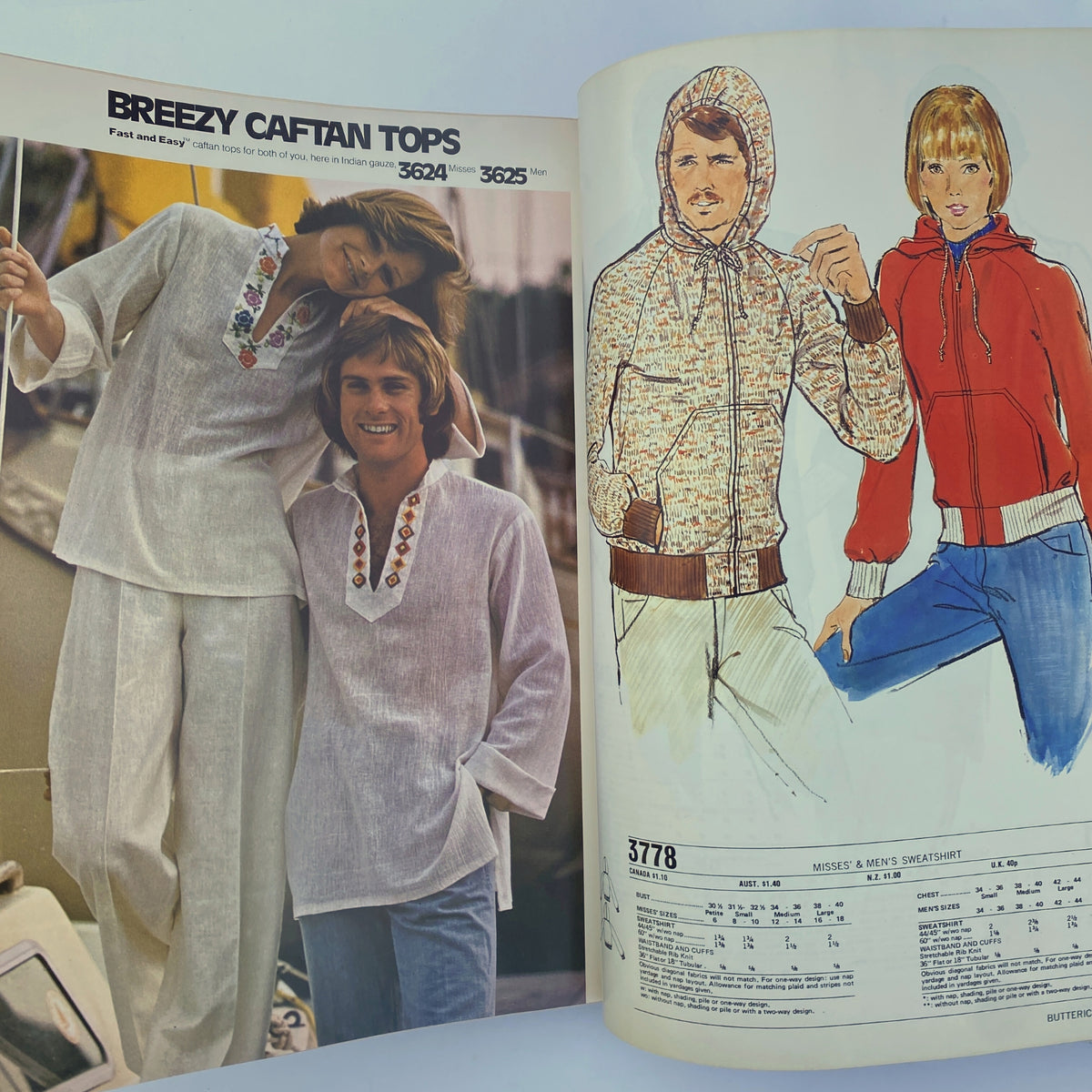 1974 August Butterick Catalog featuring Breezy Caftan Tops, showcasing a model in casual fashion with embroidery details, and additional patterns for unisex sweatshirts.