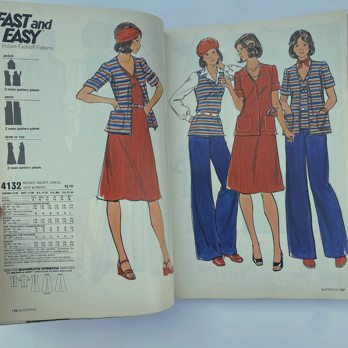 Illustration from the 1975 June Butterick Catalog showing Misses’ jacket, dress, vest, and pants patterns, showcasing classic 1970s fashion styles.