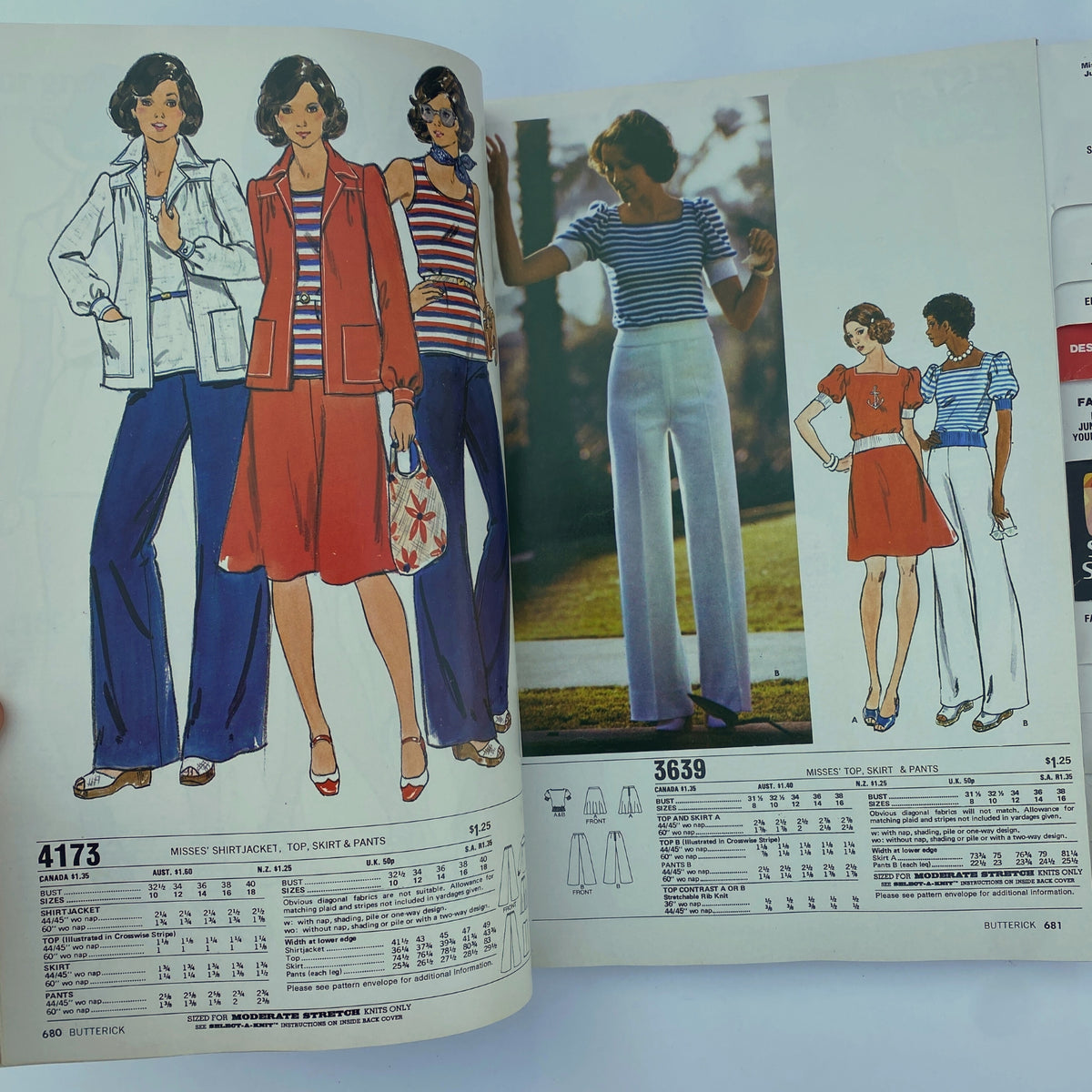 Fashion illustration from the 1975 June Butterick Catalog displaying a variety of patterns including shirts, jackets, and pants, representing 1970s home fashion design.