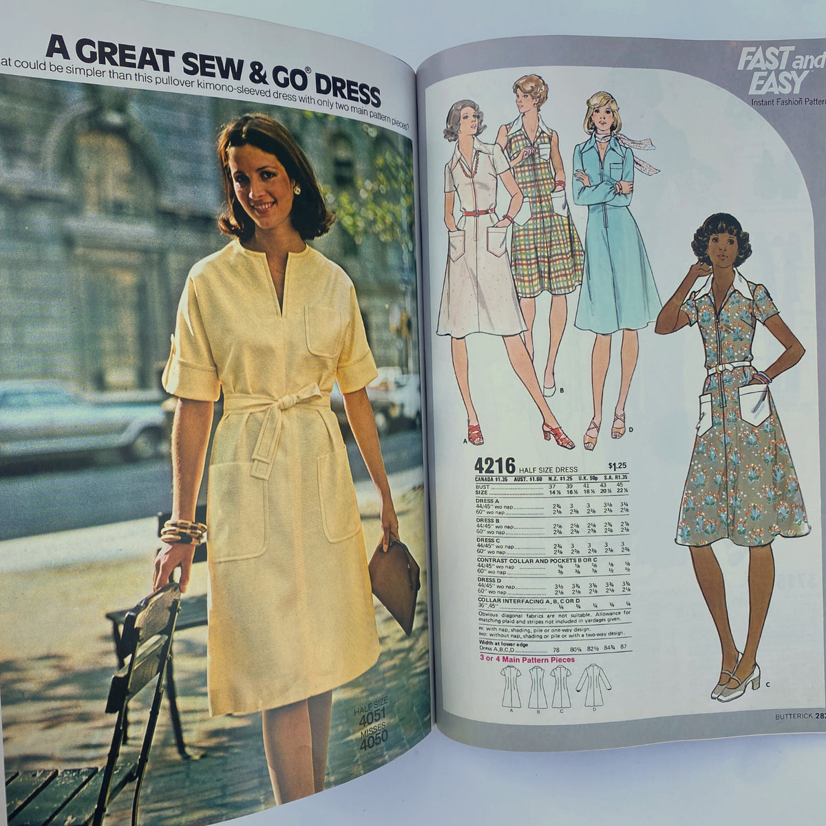 1975 June Butterick Catalog displaying a standout yellow sew and go dress modeled on the streets, alongside illustrated dress patterns and style suggestions.