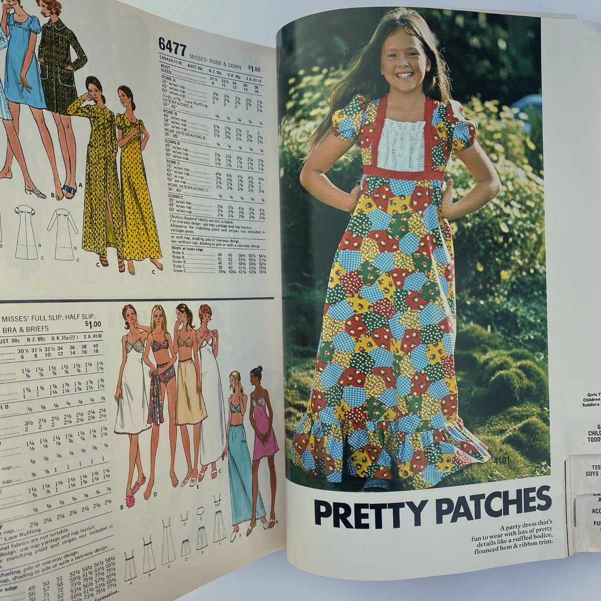 1975 June Butterick Catalog presenting children's dress design named 'Pretty Patches,' showcasing a young girl in a colorful patterned gown with detailed pattern information.