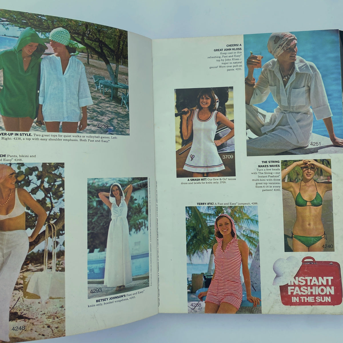 Interior layout of the 1975 July Butterick Catalog displaying various summer styles, including dresses and swimwear with a focus on easy-sew patterns.