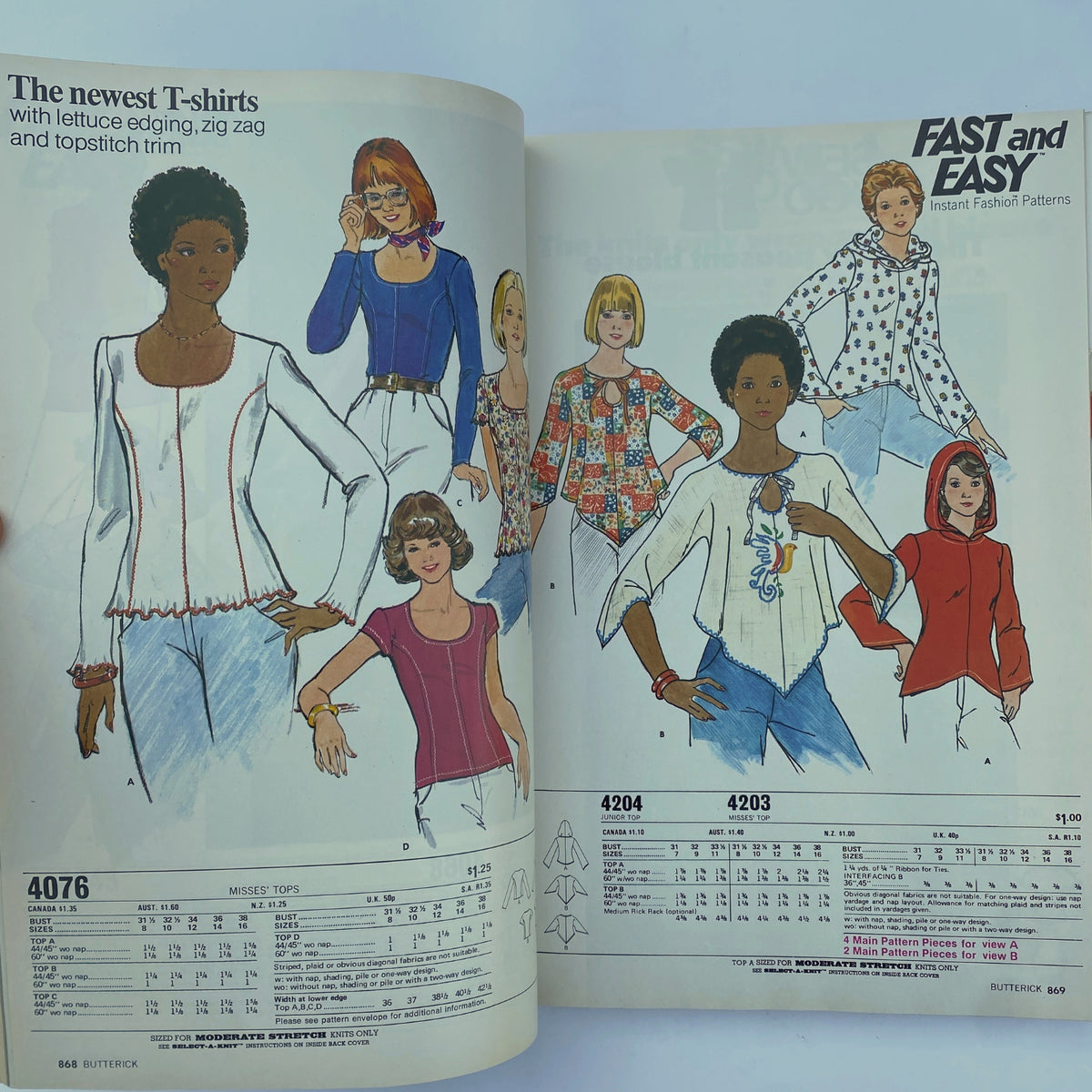 1975 July Butterick Catalog featuring the latest T-shirt designs with unique edging, zig-zag patterns, and playful styles from the 1970s for Misses.