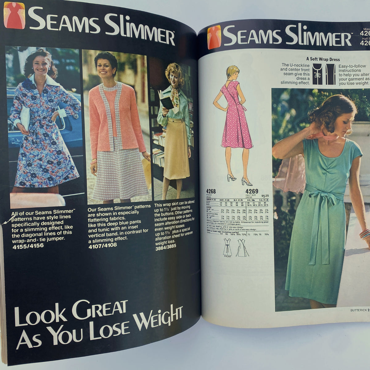 1975 July Butterick Catalog presenting the 'Seams Slimmer' collection with flattering styles designed for comfort and elegance, including dresses and skirts.