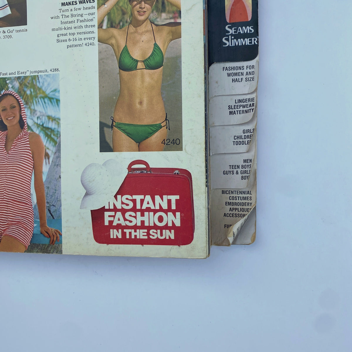 1975 August Butterick Catalog featuring vintage swimwear patterns including a green bikini and a red striped jumpsuit, emphasizing summer fashion.