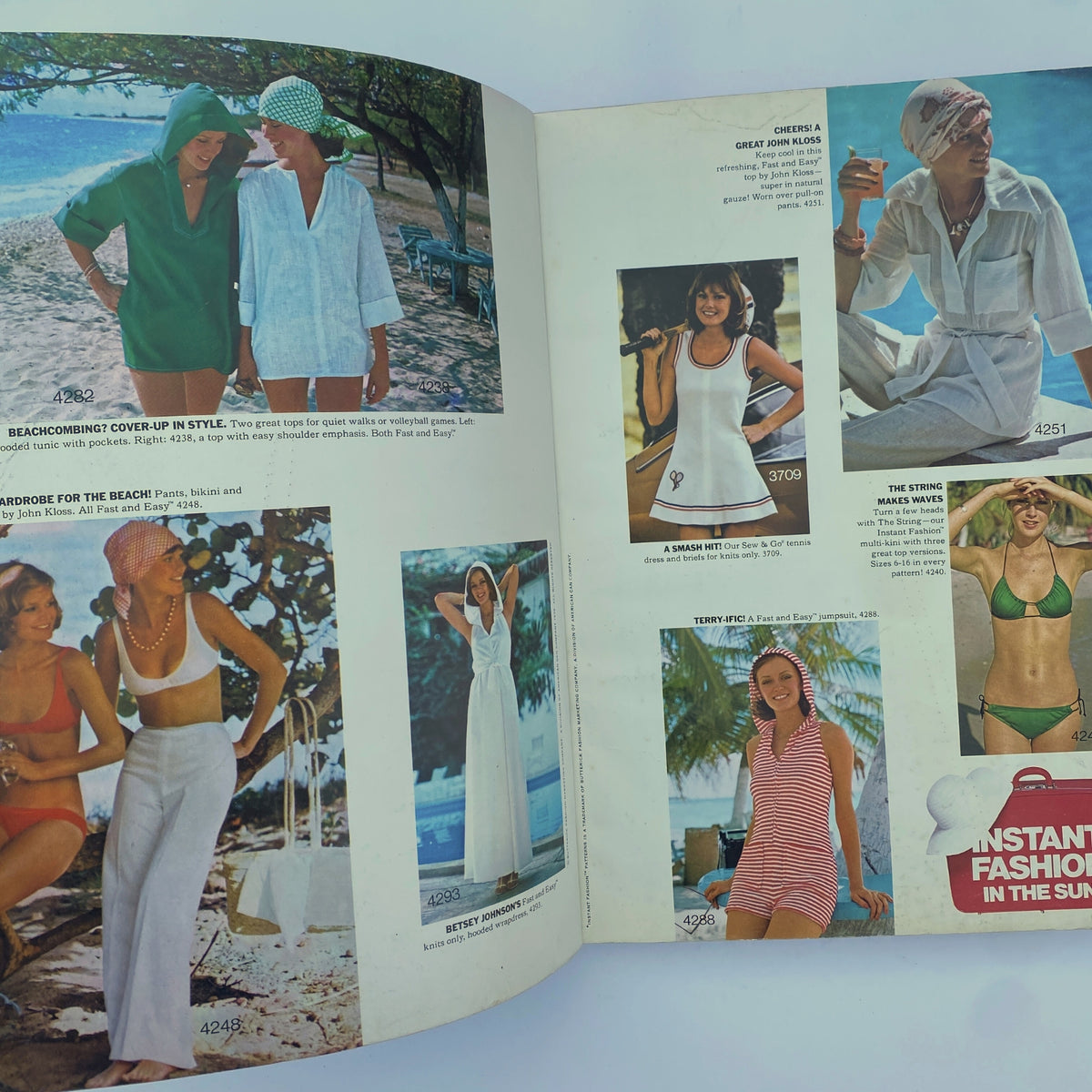 1975 August Butterick Catalog pages showcasing beachwear patterns with models in stylish cover-ups and swimwear, representing classic 1970s fashion.