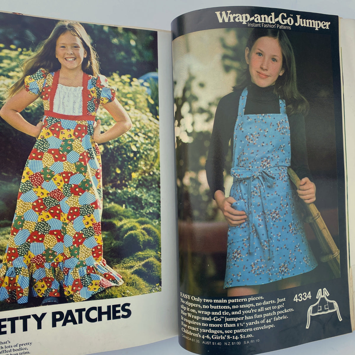 1975 August Butterick Catalog featuring children’s fashion with two girls in colorful dresses. One girl wears a patchwork dress labeled Pretty Patches, highlighting design pattern number 4334.