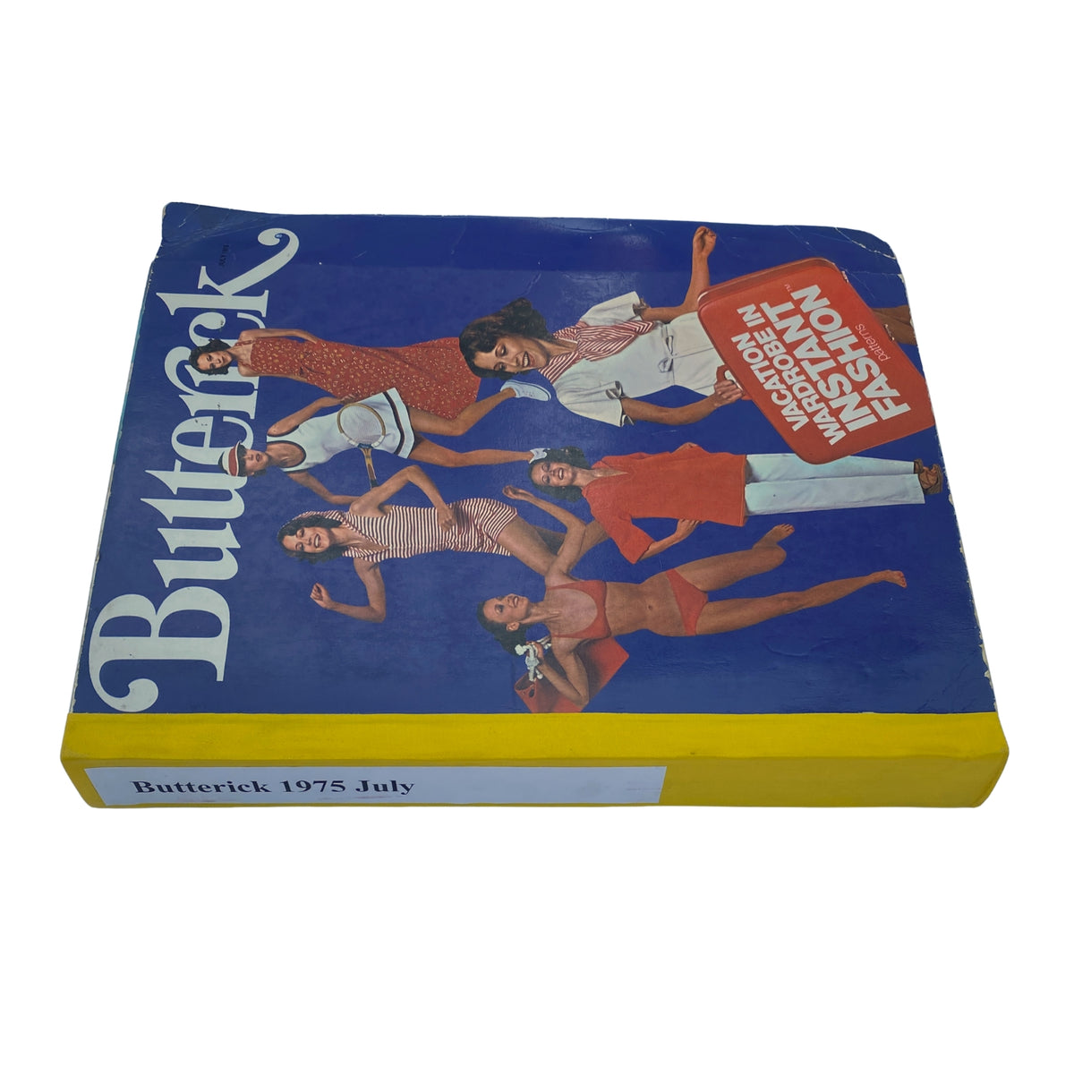 Cover of the 1975 July Butterick Summer Catalog featuring vibrant 1970s fashion styles including halter tops and swimwear, ideal for summer sewing projects.