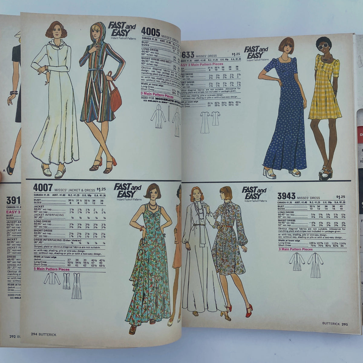 Page layout from the 1975 July Butterick Summer Catalog with various dress patterns illustrating 1970s fashion trends, perfect for fast and easy sewing projects.