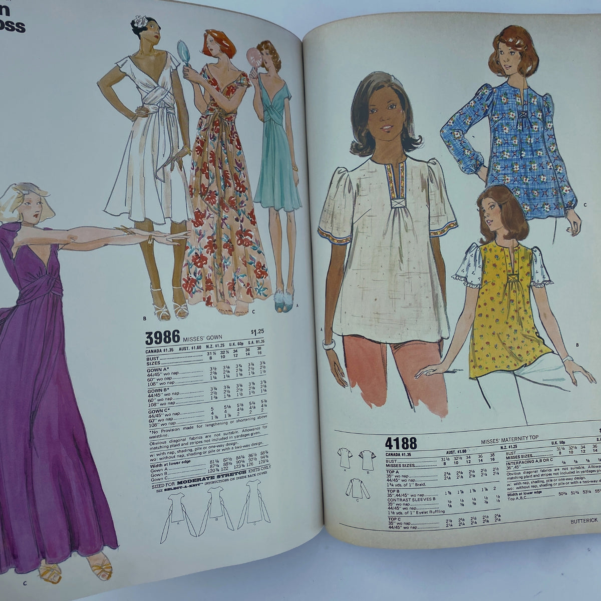 1975 July Butterick Summer Catalog displaying sophisticated sewing patterns for misses' dresses and blouses including a floral gown, a casual dress, and a stylish top. Great for vintage sewing lovers.