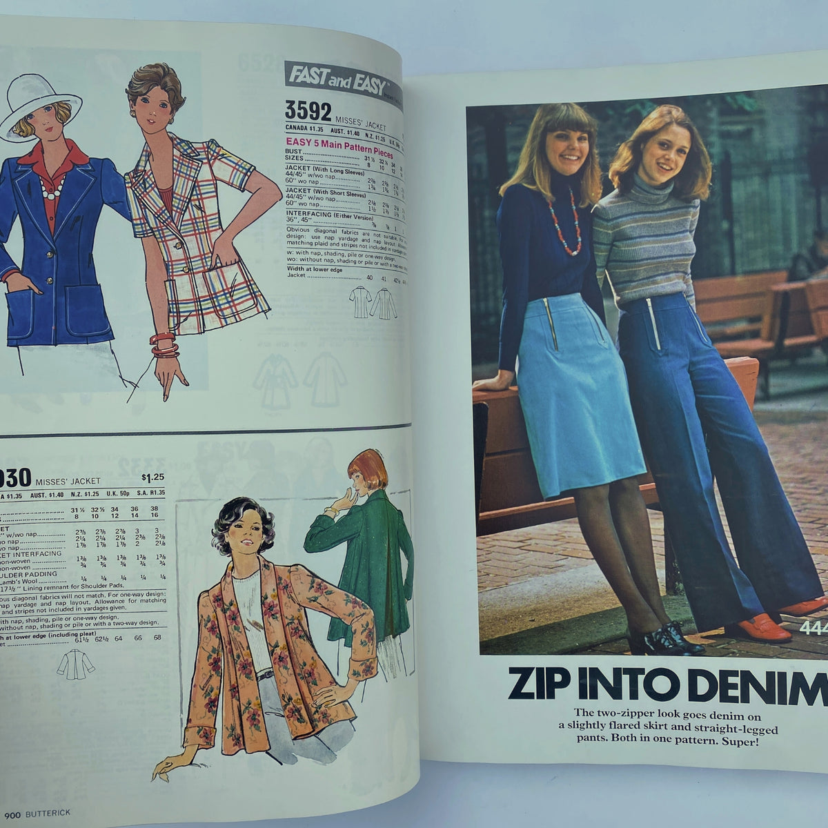 1975 November Butterick Catalog showcasing Misses' jackets and patterns including a plaid design and layering ideas for fall fashion.