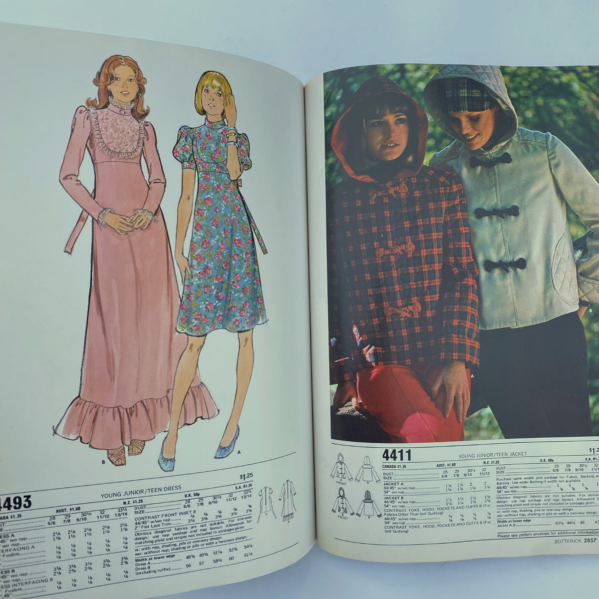 1975 November Butterick Catalog displaying young junior teen dresses and jackets, emphasizing family-friendly fall fashion designs.