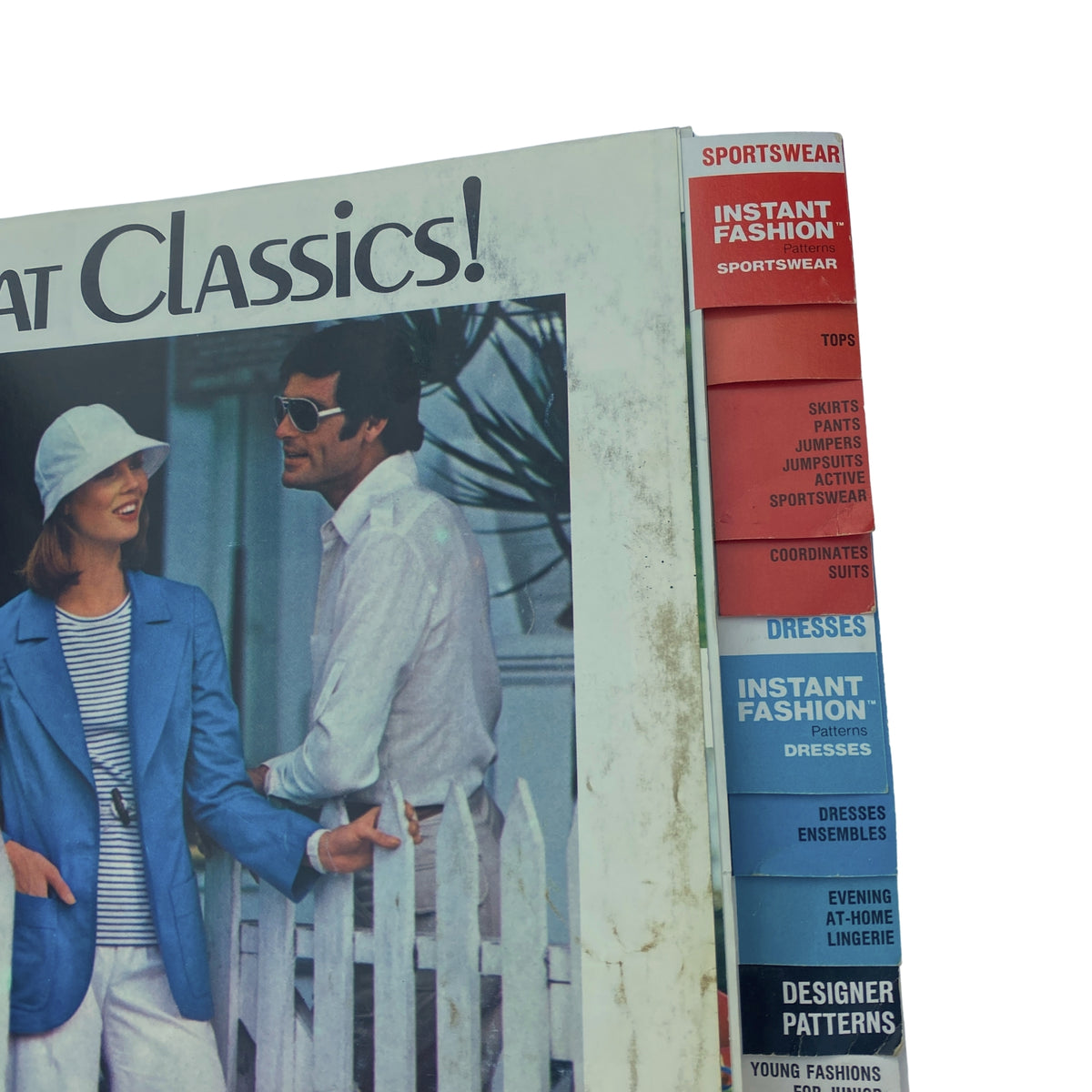 Detail of the 1976 April Butterick Catalog showing tabbed sections for various patterns including sportswear, dresses, and instant fashion.