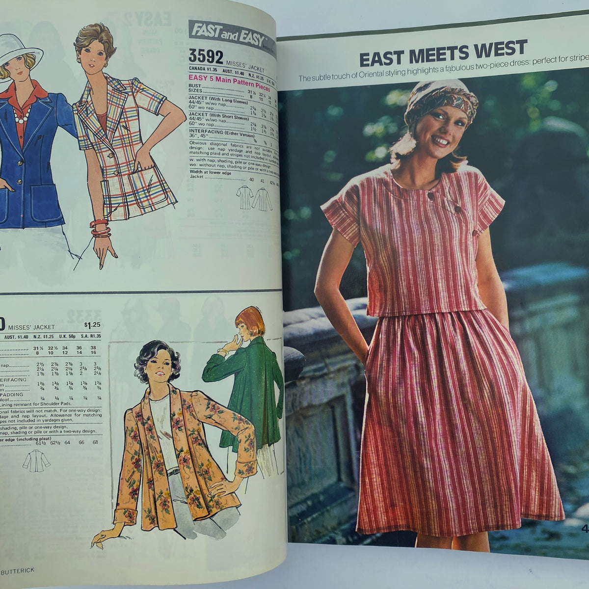 1976 April Butterick Catalog featuring easy-to-sew patterns with a blend of Eastern and Western influences, highlighting colorful and stylish designs.