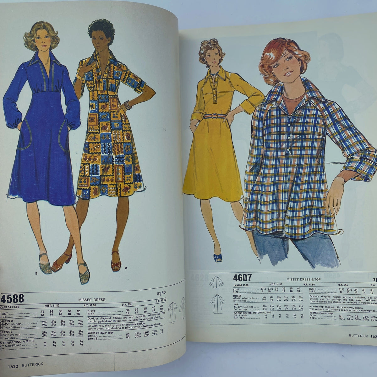1976 April Butterick Catalog contains illustrations of missy dresses and tops that reflect the playful yet stylish trends of the 1970s.
