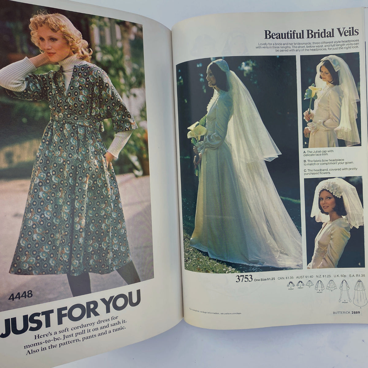 1976 April Butterick Catalog featuring a stylish corduroy dress for moms-to-be, and elegant bridal veils for weddings, highlighting vintage fashion trends of the 1970s.