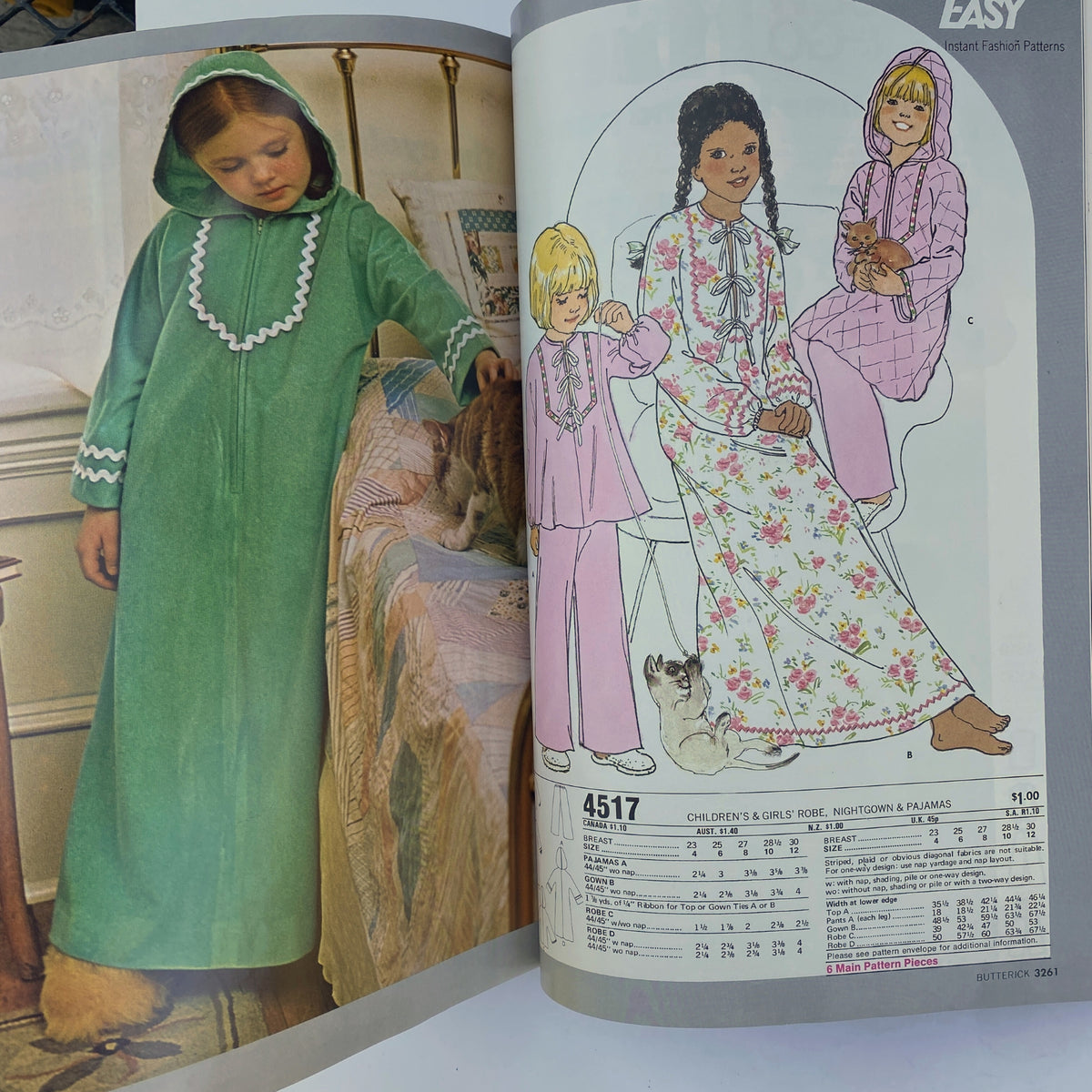 1976 April Butterick Catalog displaying cozy children's nightwear patterns including a hooded robe and pajamas, capturing the playful designs for kids in the retro style.
