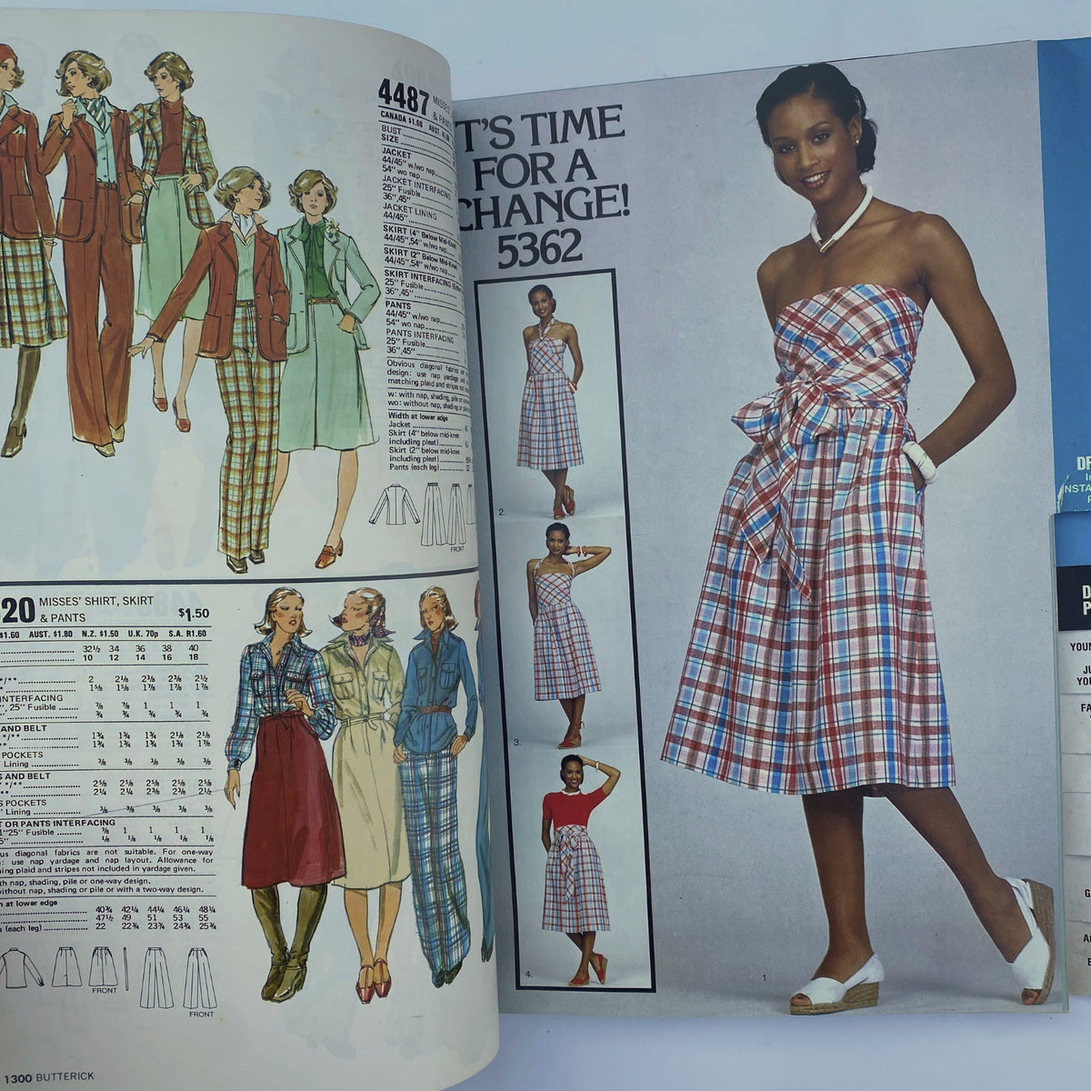 1977 August Butterick Catalog presenting patterns for summer dresses, including a fashionable strapless design and coordinating outfits, illustrating the vibrant styles of the 1970s.