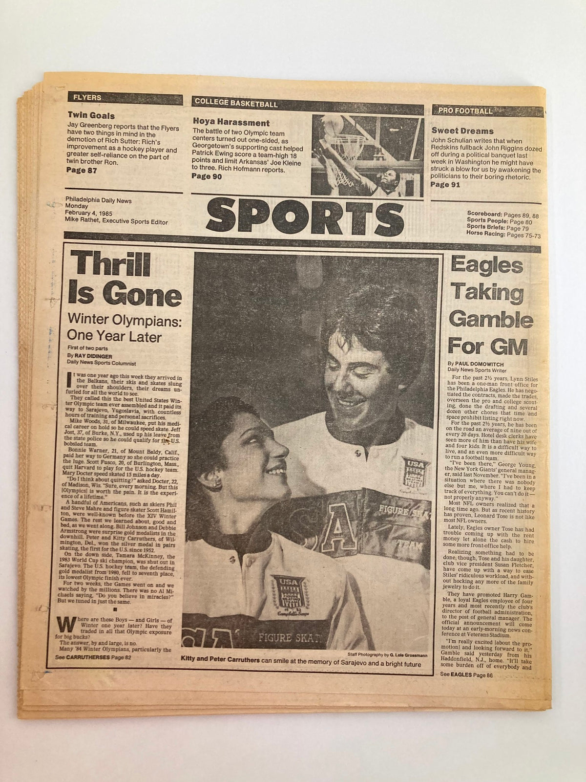 Philadelphia Daily News Tabloid February 4 1985 featuring sports highlights, including coverage of Winter Olympians and local basketball events, showcasing an image related to athletic achievements and community sports.