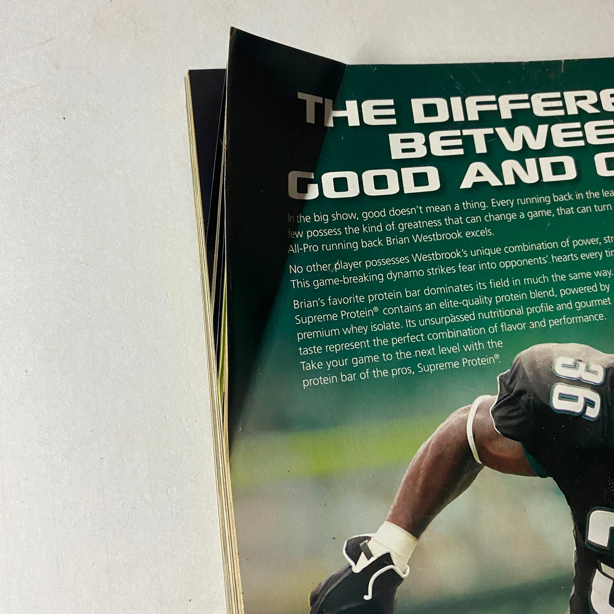 Close-up of an advertisement in Iron Man Magazine December 2008, Vol. 67 No. 12, showcasing NFL player Brian Westbrook discussing Supreme Protein, emphasizing quality in bodybuilding nutrition and performance enhancement. Ideal for collectors and fitness enthusiasts.