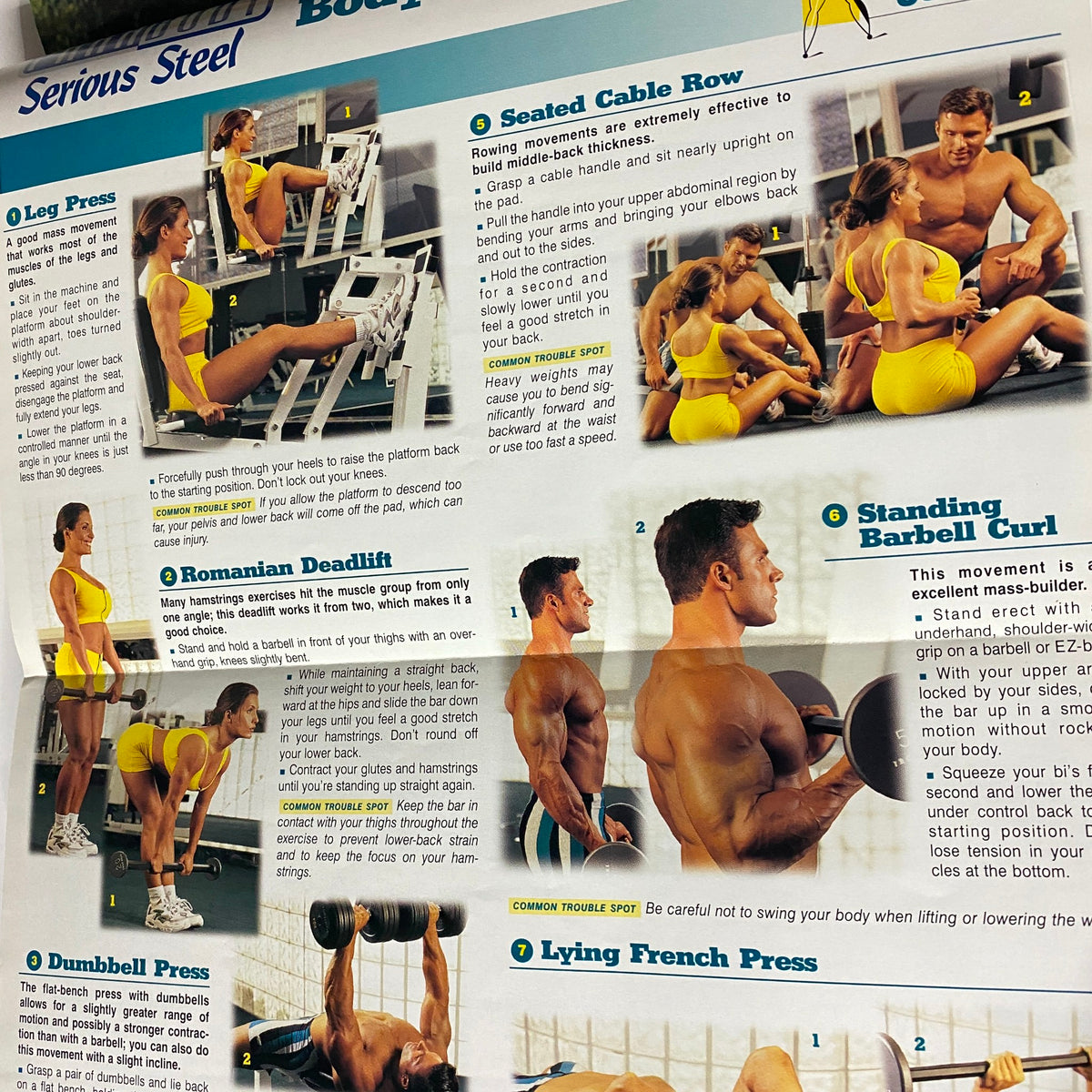 Inside page of Muscle & Fitness Magazine January 1999 showcasing exercise instructions, including Leg Press, Romanian Deadlift, and Standing Barbell Curl, with images of models demonstrating techniques.