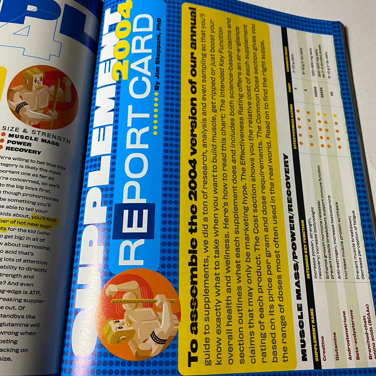 Inside page of Muscle & Fitness Magazine August 2004 displaying the 2004 Supplement Report Card, analyzing various supplements and providing a guide for health and fitness enthusiasts.