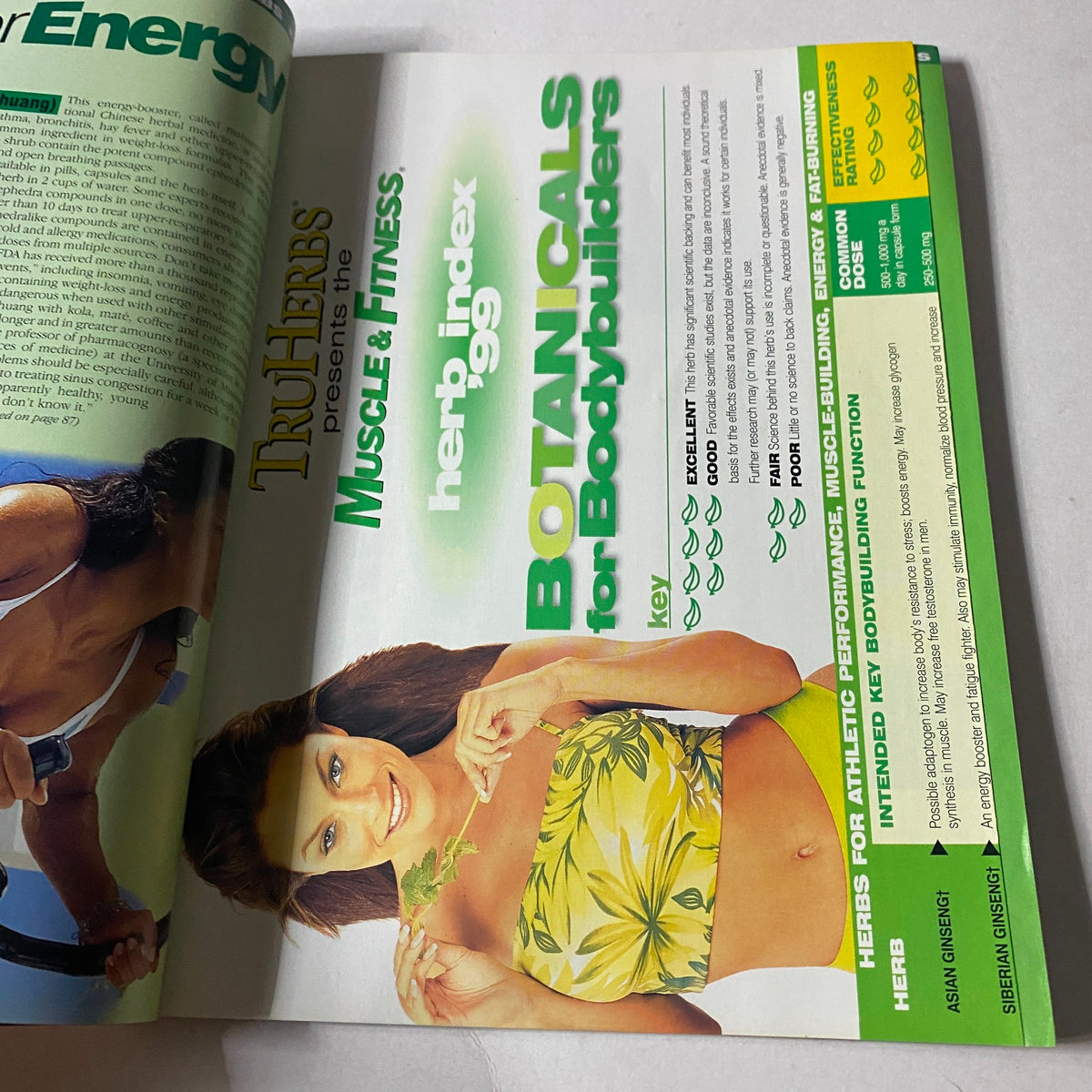 Inside page of Muscle & Fitness Magazine November 1999 showcasing a herb index for bodybuilders with a focus on herbal products for fitness, featuring a model in a yellow floral outfit.