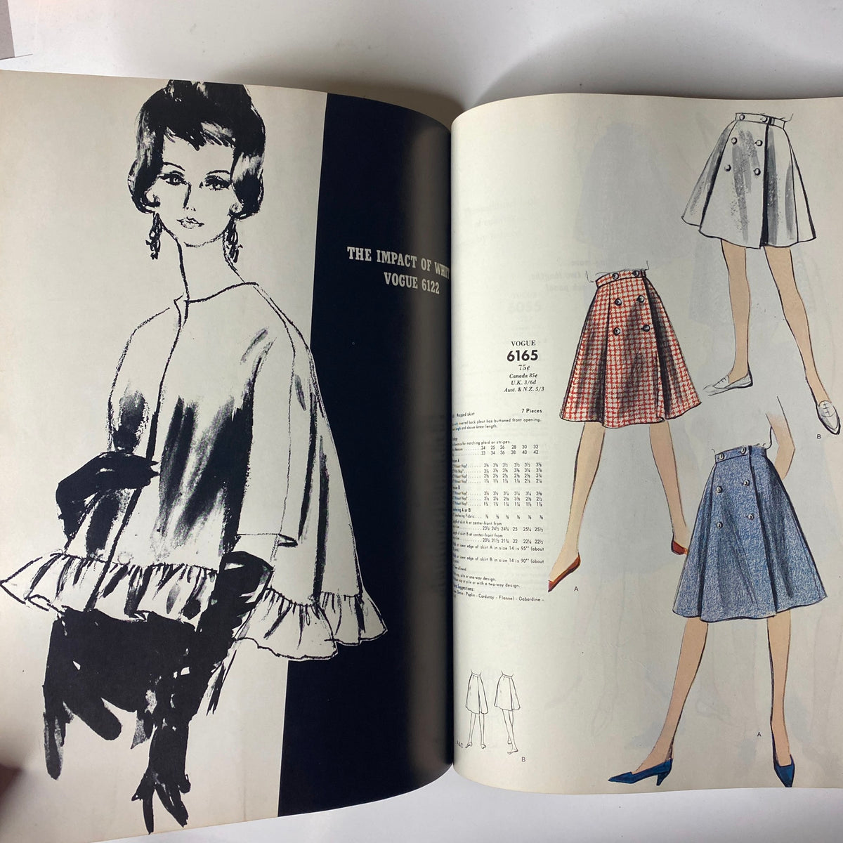 Vogue Patterns June 1964 Catalog with women's fashion illustrations including top pattern 6122 and skirt patterns 6165. Highlights classic mid-century designs and timeless elegance.