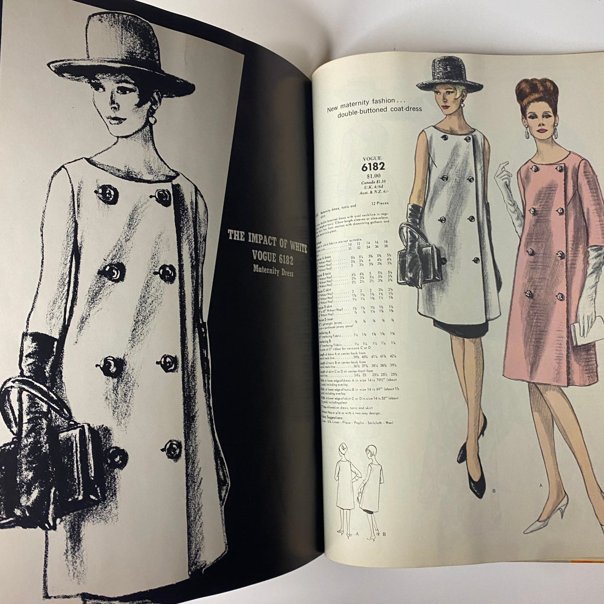 Vogue Patterns June 1964 Catalog presenting maternity fashion styles, including Vogue 6182, with designs ideal for expectant mothers.
